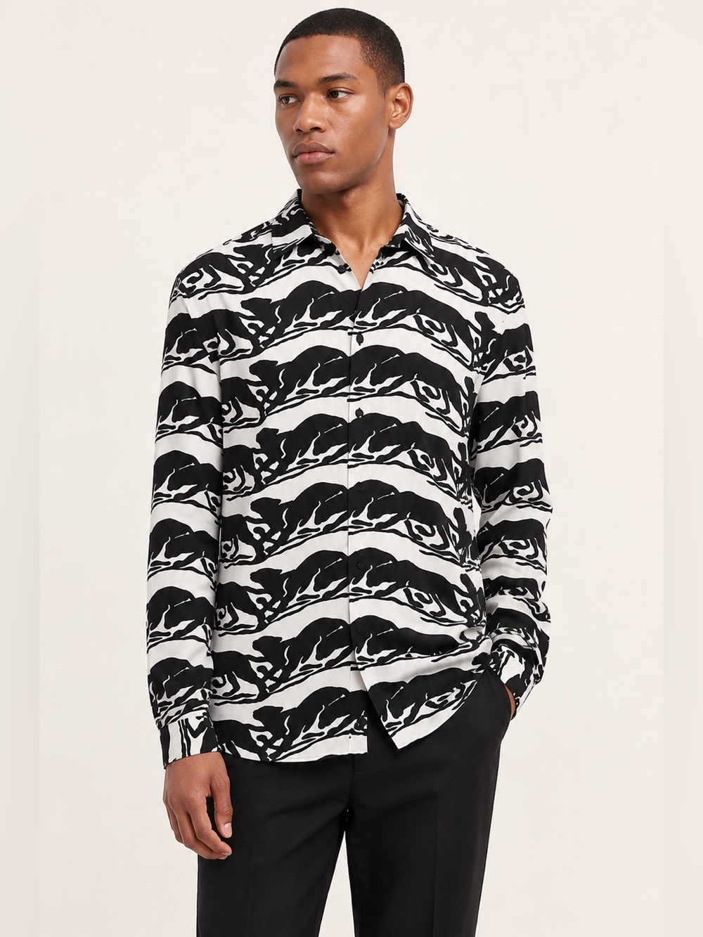 The Kooples Wild Panther Print Button Front Shirt Black White EU M